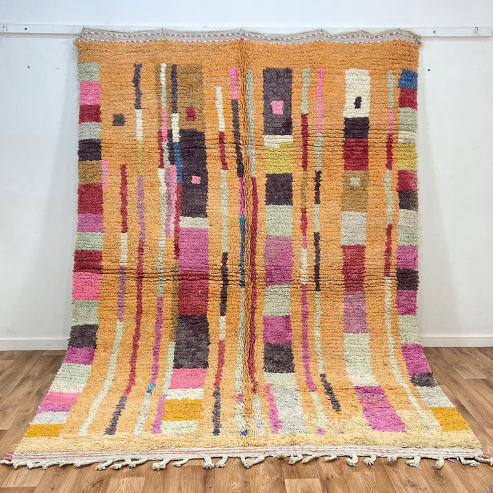 Vintage Moroccan wool rug 874 – colorful handmade Berber carpet with mustard, pink, and orange abstract stripes, 293 × 246 cm (9.61 × 8.07 ft).
