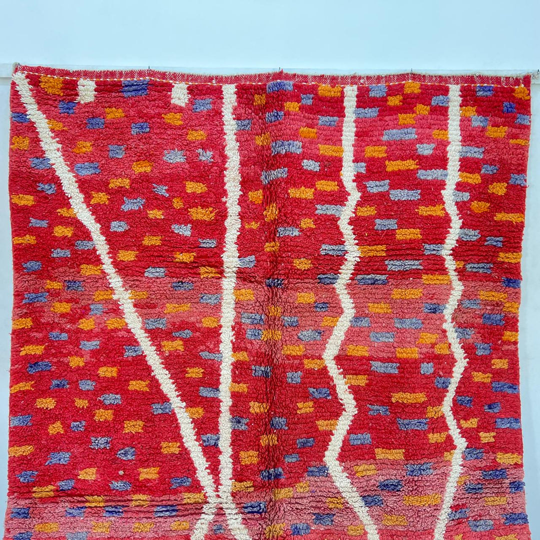 Vintage Moroccan wool rug 832 – handmade red and orange abstract Berber carpet with geometric details (292 × 190 cm / 9.57 × 6.23 ft).