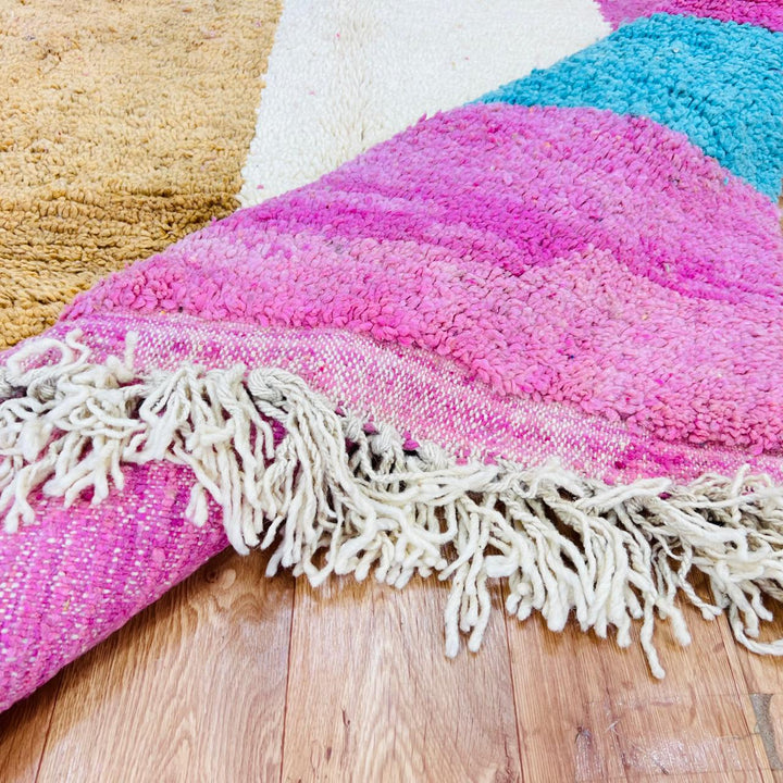 Vintage Moroccan rug handmade from wool with pink camel ivory color block design, 261x157 cm