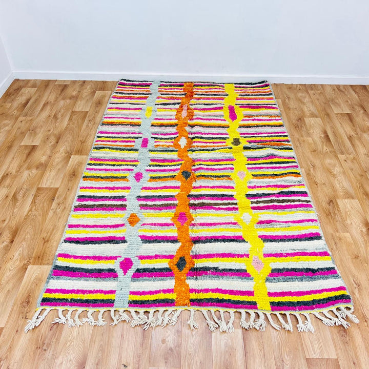 Vintage Moroccan striped wool rug with colorful geometric stripes, handmade Berber carpet 243x157 cm