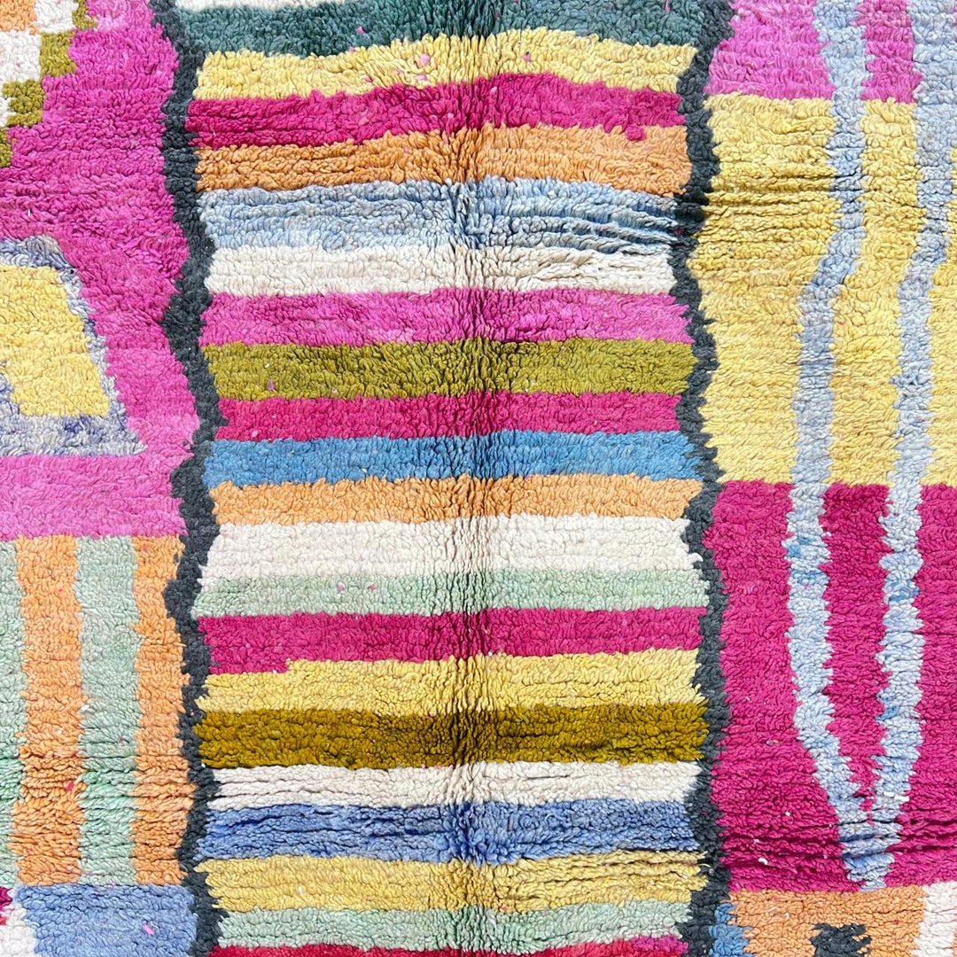 Vintage Moroccan wool rug 840 – handmade pink and yellow Berber carpet with geometric and abstract motifs (295 × 203 cm / 9.68 × 6.66 ft).