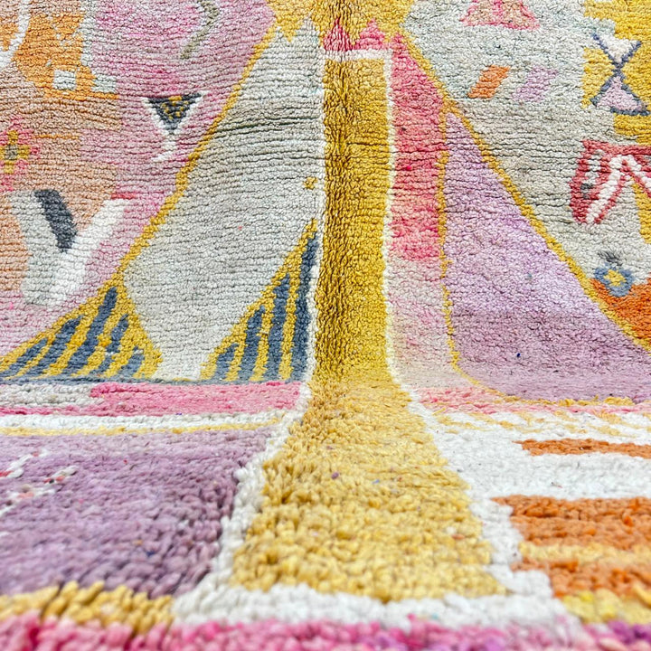 Vintage Moroccan wool rug BA106 – handmade colorful Berber carpet with yellow and pink geometric patterns (210 × 310 cm / 6.88 × 10.17 ft).