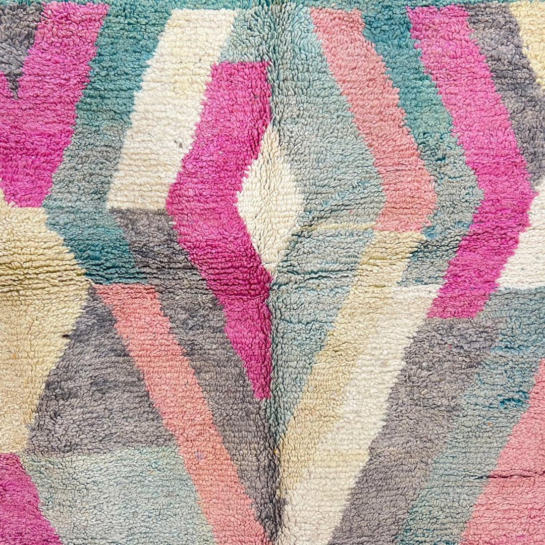 Vintage Moroccan Wool Rug 182 – handmade geometric pastel Moroccan rug in pink, teal, and beige tones (268 × 149 cm).
