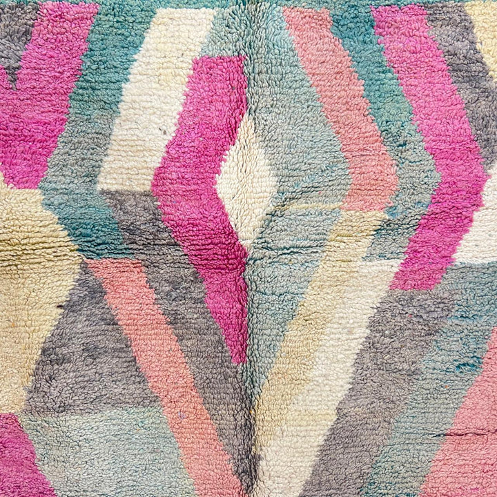 Vintage Moroccan Wool Rug 182 – handmade geometric pastel Moroccan rug in pink, teal, and beige tones (268 × 149 cm).