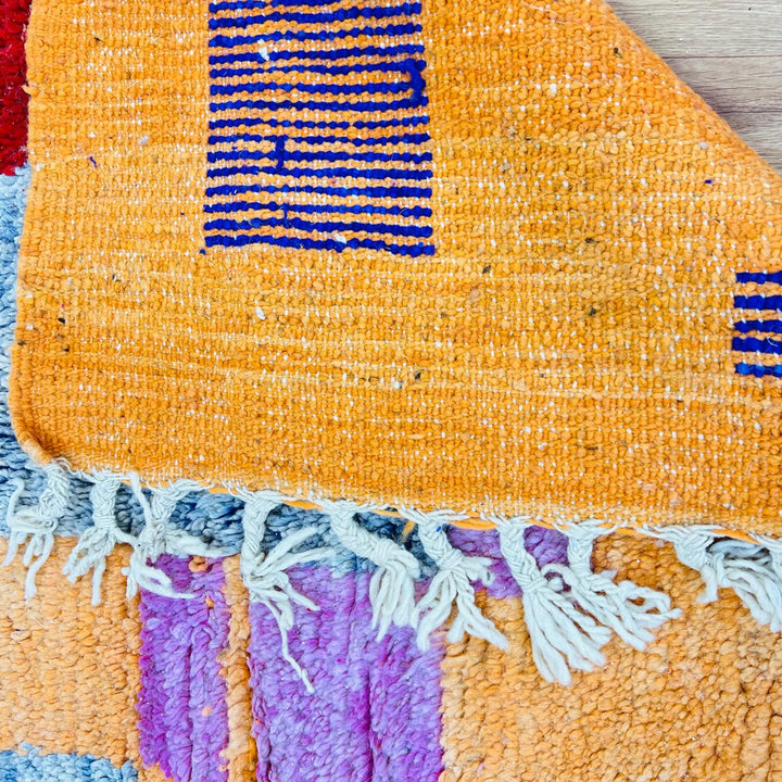 Vintage Moroccan wool rug with colorful abstract Berber geometric pattern, handmade in Morocco
