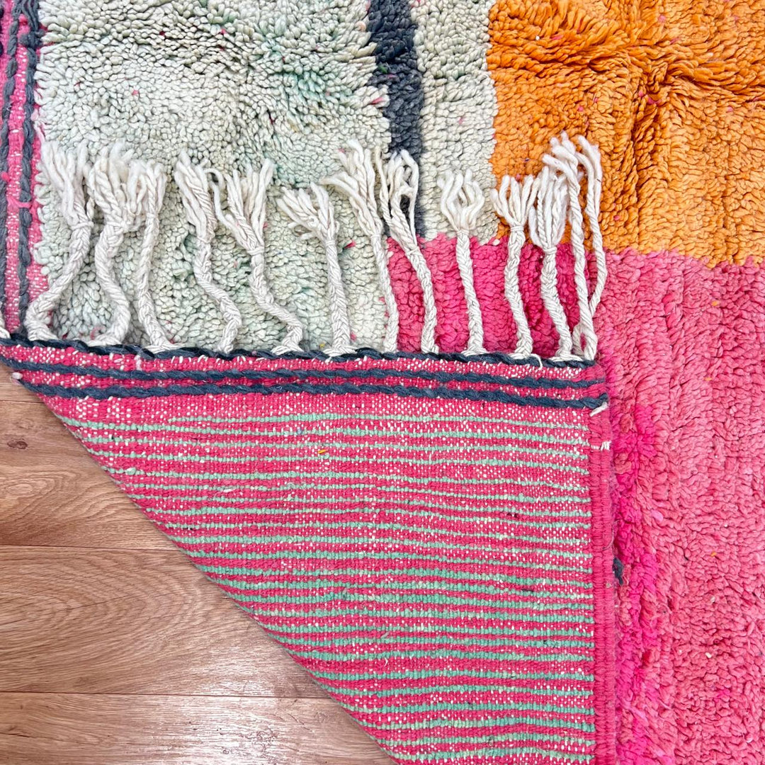 Vintage Moroccan wool rug 848 – handmade pink and orange Berber carpet, abstract color-block design, medium pile, 311 × 190 cm (10.20 × 6.23 ft).