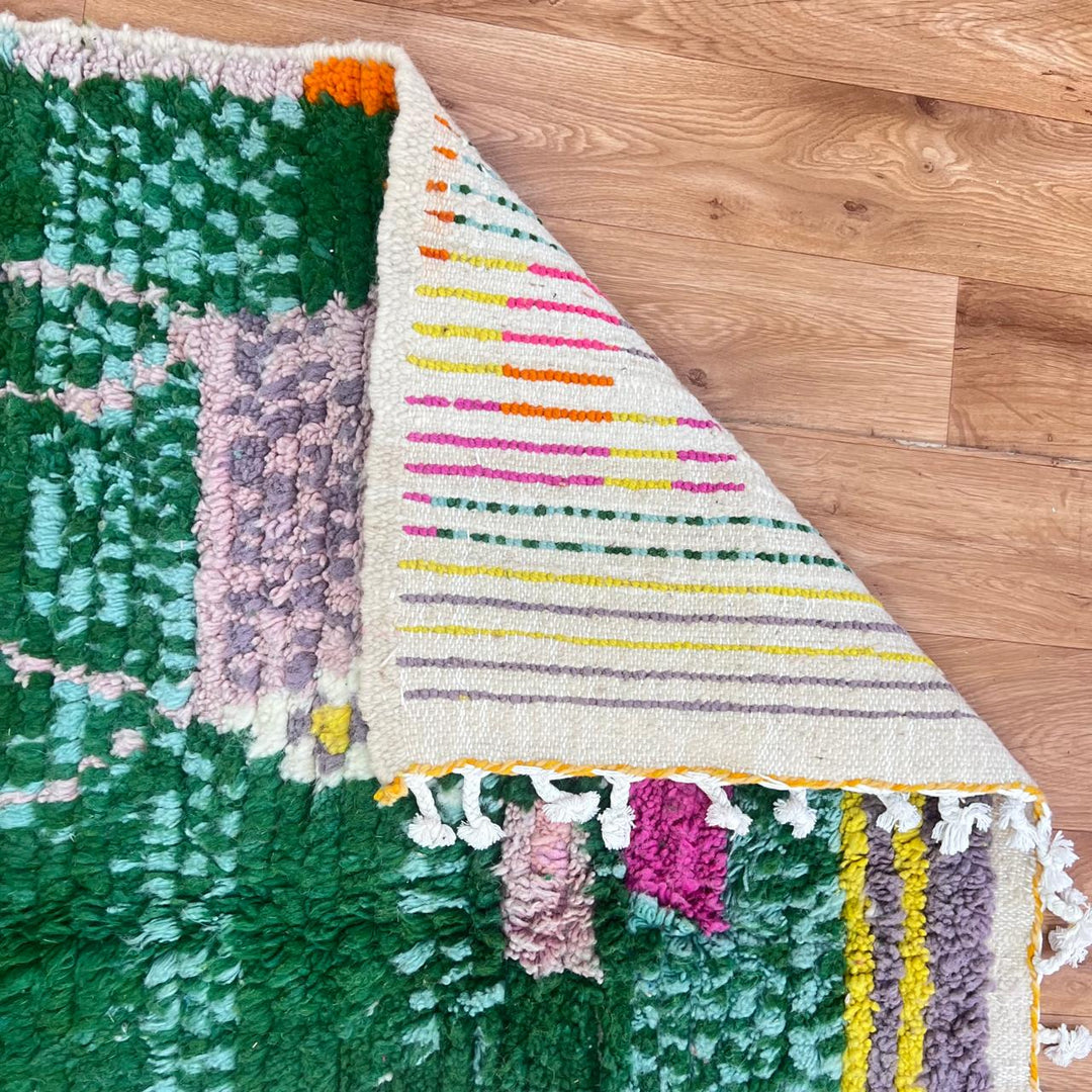 Vintage Moroccan Wool Rug 14 – handmade yellow and green Berber rug with colorful tribal motifs (211 × 126 cm).