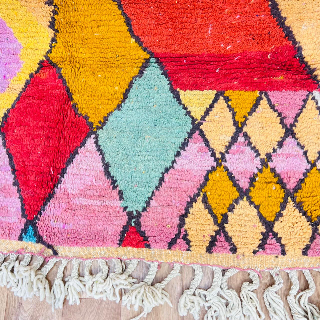 Vintage Moroccan wool rug with bold abstract geometric patterns in red, pink, yellow and blue, handwoven by Berber artisans – Rug 280