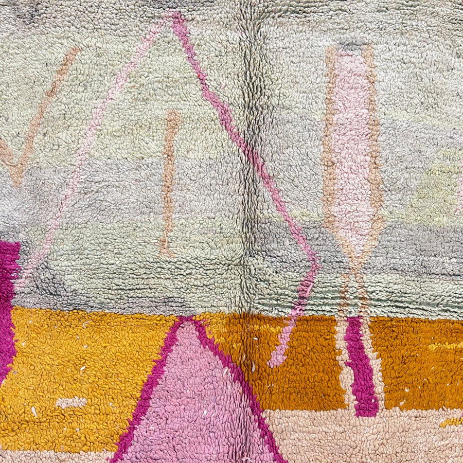 Vintage Moroccan wool rug 745 – handmade orange and pink Berber carpet with geometric diamond pattern (251 × 173 cm / 8.23 × 5.67 ft).