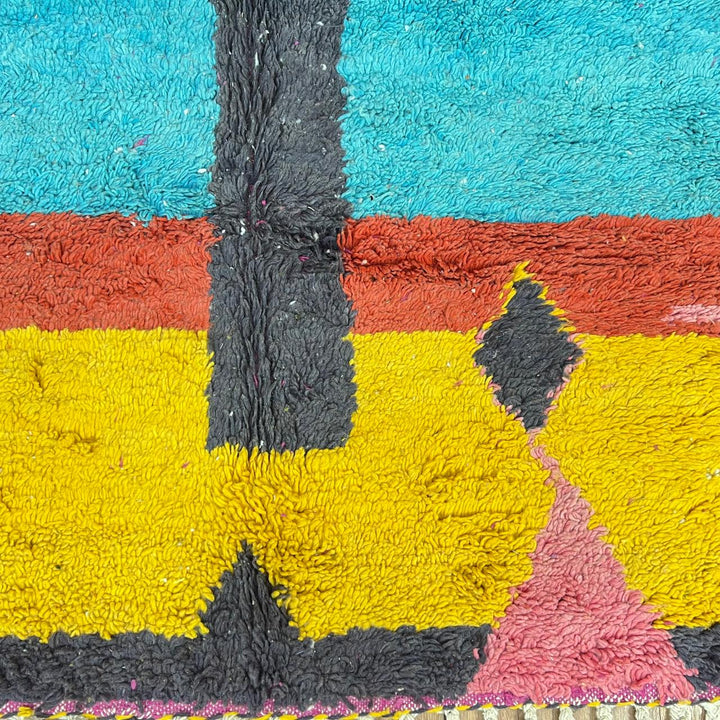 Vintage Moroccan wool rug 824 – handmade Berber carpet with yellow, blue, red, and gray abstract patterns, medium pile (299 × 200 cm / 9.81 × 6.56 ft).