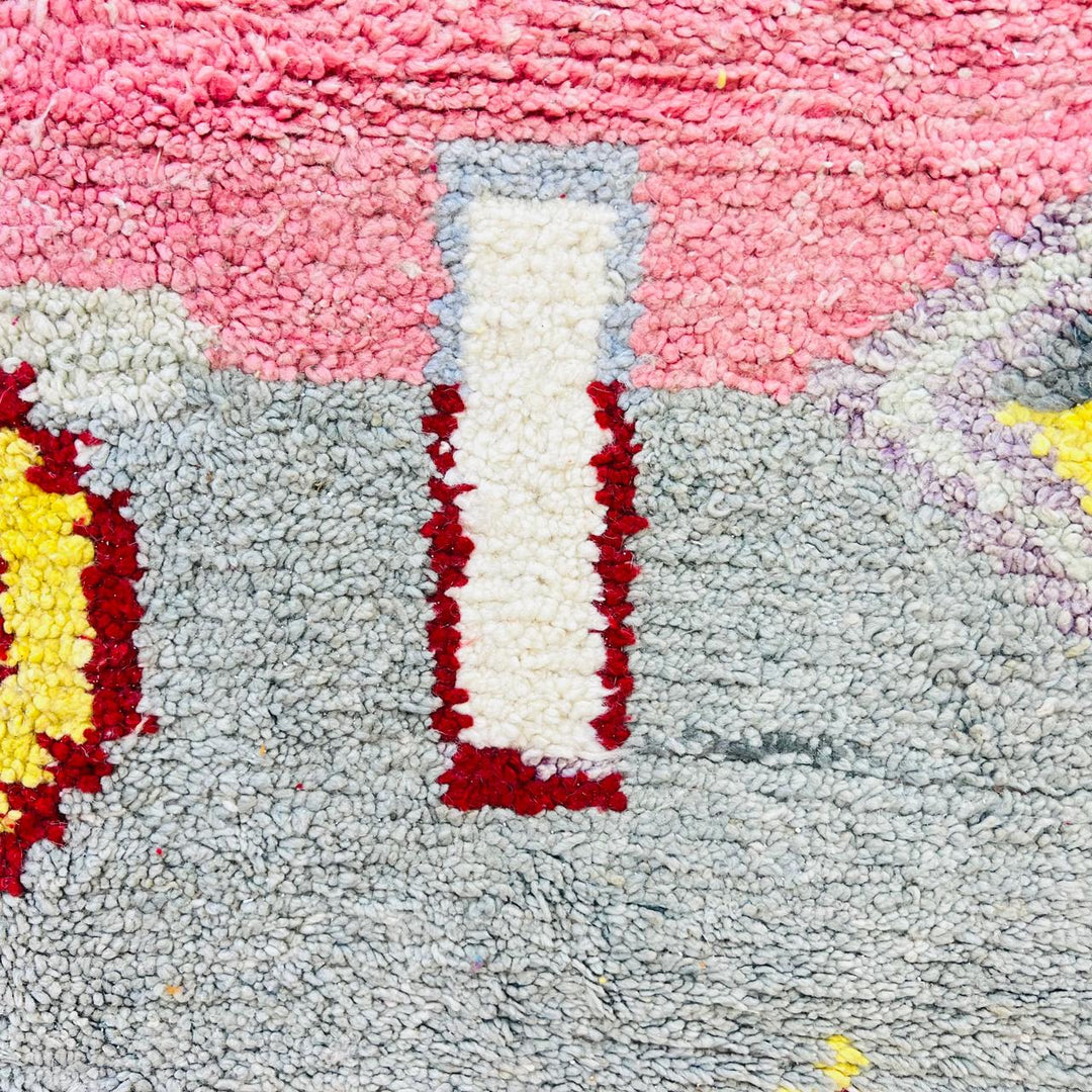 Vintage Moroccan wool rug with colorful abstract Berber geometric patterns in grey, pink, yellow and ivory, handmade in Morocco, 257x158 cm