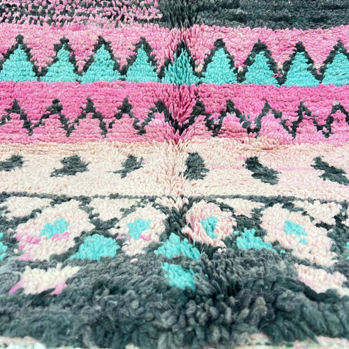 Vintage Moroccan wool rug 66 – handmade Berber carpet with pink, black, and aqua geometric patterns, 260 × 161 cm (8.53 × 5.28 ft).