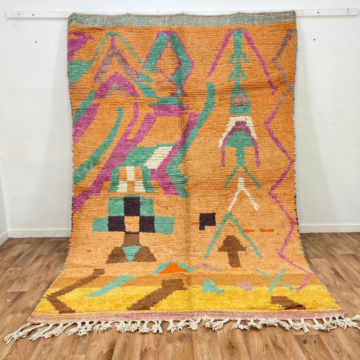 Vintage Moroccan wool rug 833 – handmade Berber carpet with orange, yellow, green, and purple tribal geometric patterns, 284 × 196 cm (9.31 × 6.43 ft).