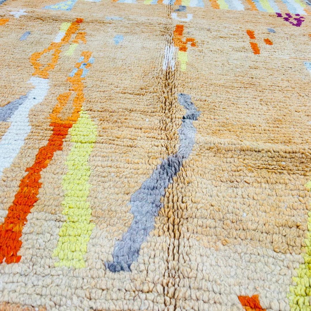 Vintage Moroccan wool rug with beige, orange and yellow abstract Berber pattern