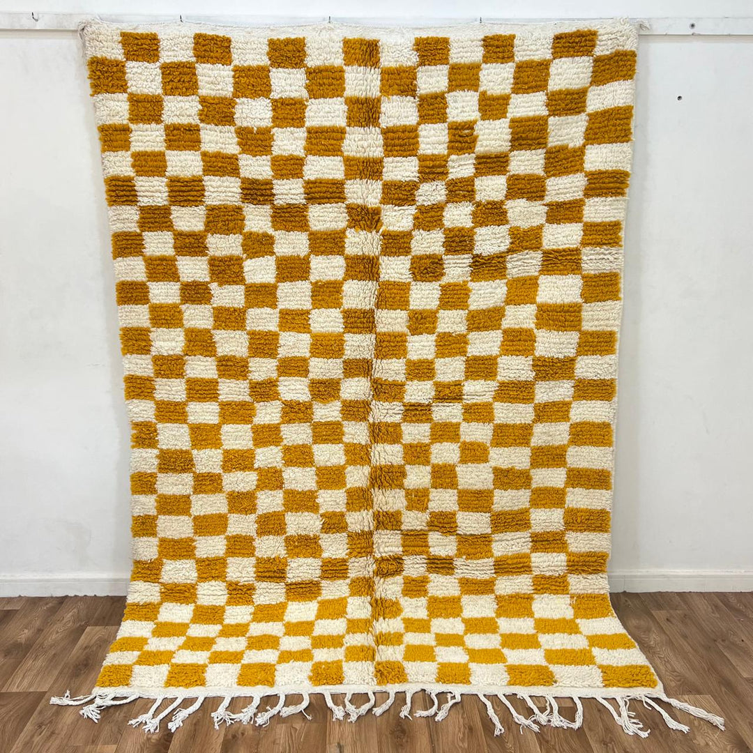 Vintage Moroccan Wool Rug 133 – handmade mustard and cream checkerboard Moroccan wool rug (240 × 172 cm).