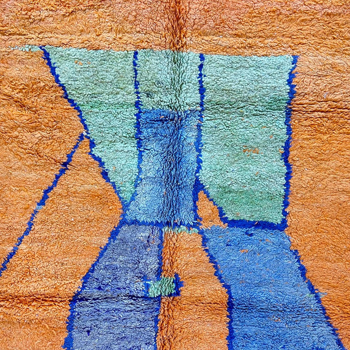 Vintage Moroccan wool rug 826 – handmade Berber carpet with orange, blue, and green geometric abstract design. 308 × 195 cm (10.1 × 6.39 ft).