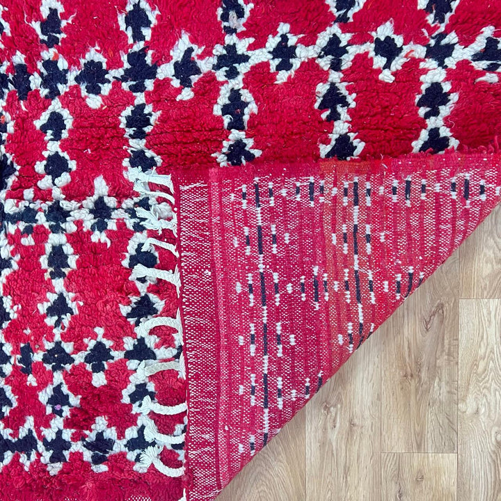 Vintage Moroccan wool rug 841 – handmade Berber carpet in red, black, and cream geometric pattern. 302 × 212 cm (9.9 × 6.95 ft).