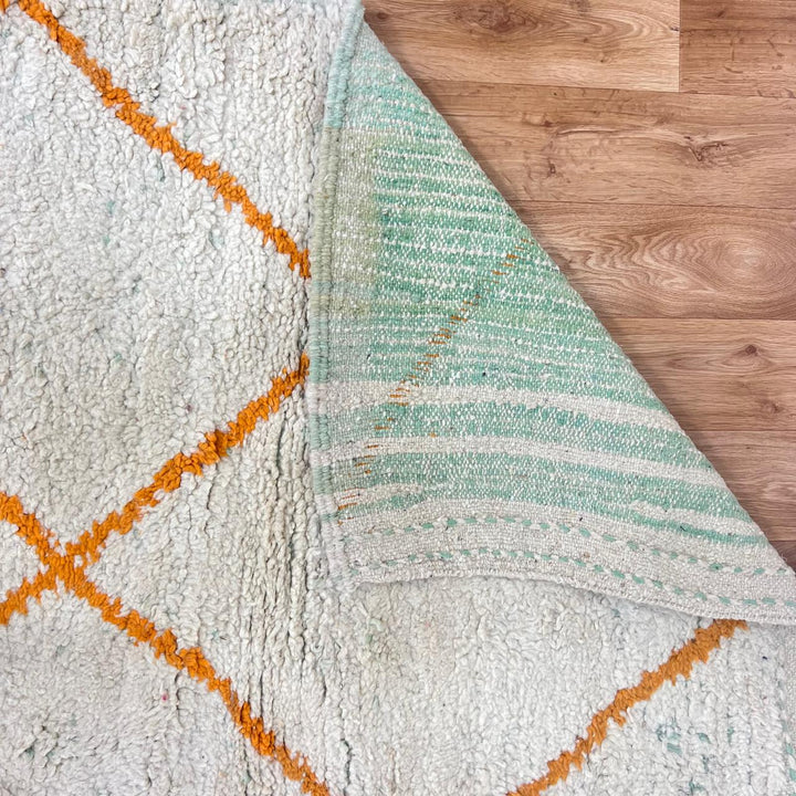 Vintage Moroccan wool rug 922 – handmade Berber carpet with cream and orange diamond lattice design. 294 × 207 cm (9.64 × 6.79 ft).