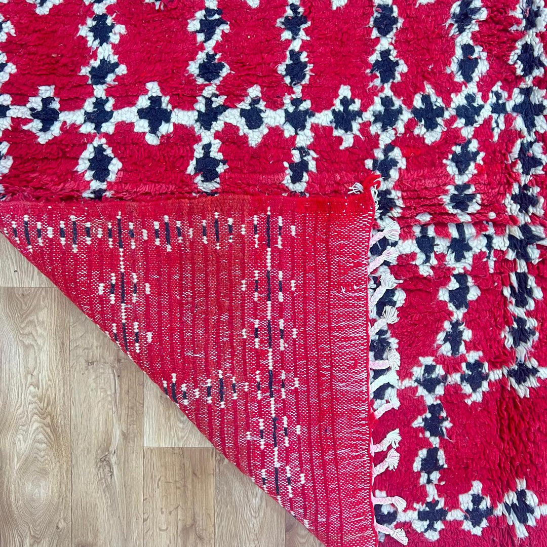 Vintage Moroccan wool rug 841 – handmade Berber carpet in red, black, and cream geometric pattern. 302 × 212 cm (9.9 × 6.95 ft).