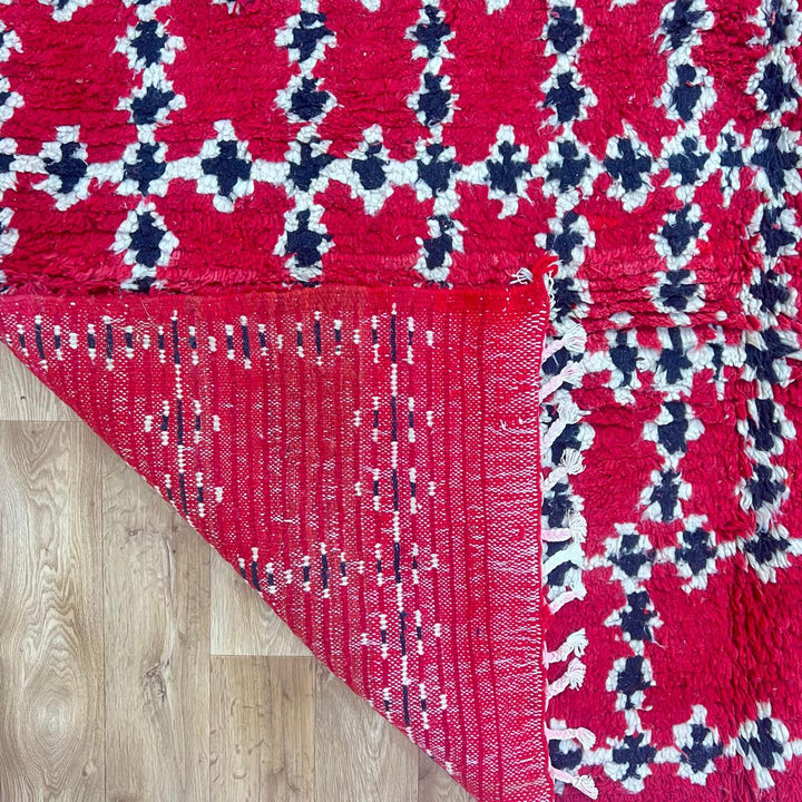 Vintage Moroccan wool rug 841 – handmade Berber carpet in red, black, and cream geometric pattern. 302 × 212 cm (9.9 × 6.95 ft).