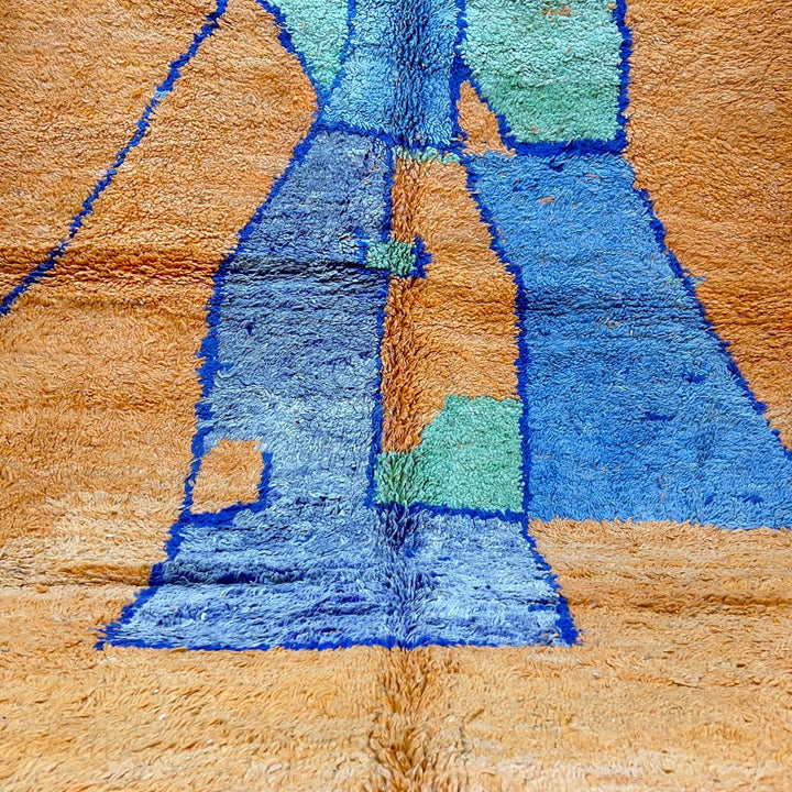 Vintage Moroccan wool rug 826 – handmade Berber carpet with orange, blue, and green geometric abstract design. 308 × 195 cm (10.1 × 6.39 ft).