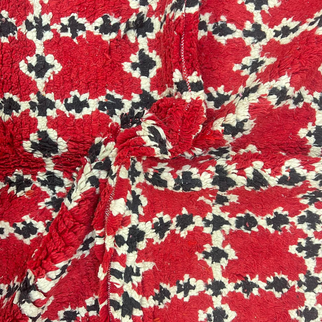 Vintage Moroccan wool rug 841 – handmade Berber carpet in red, black, and cream geometric pattern. 302 × 212 cm (9.9 × 6.95 ft).