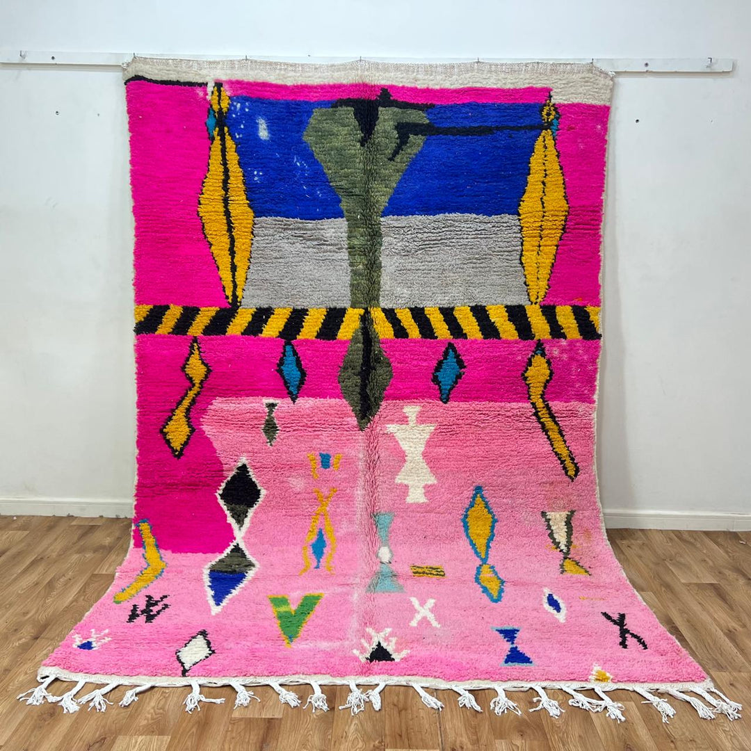 Vintage Moroccan wool rug 833 – handmade Berber carpet with pink, blue, yellow, and green abstract design. 196 × 196 cm (6.43 × 6.43 ft).
