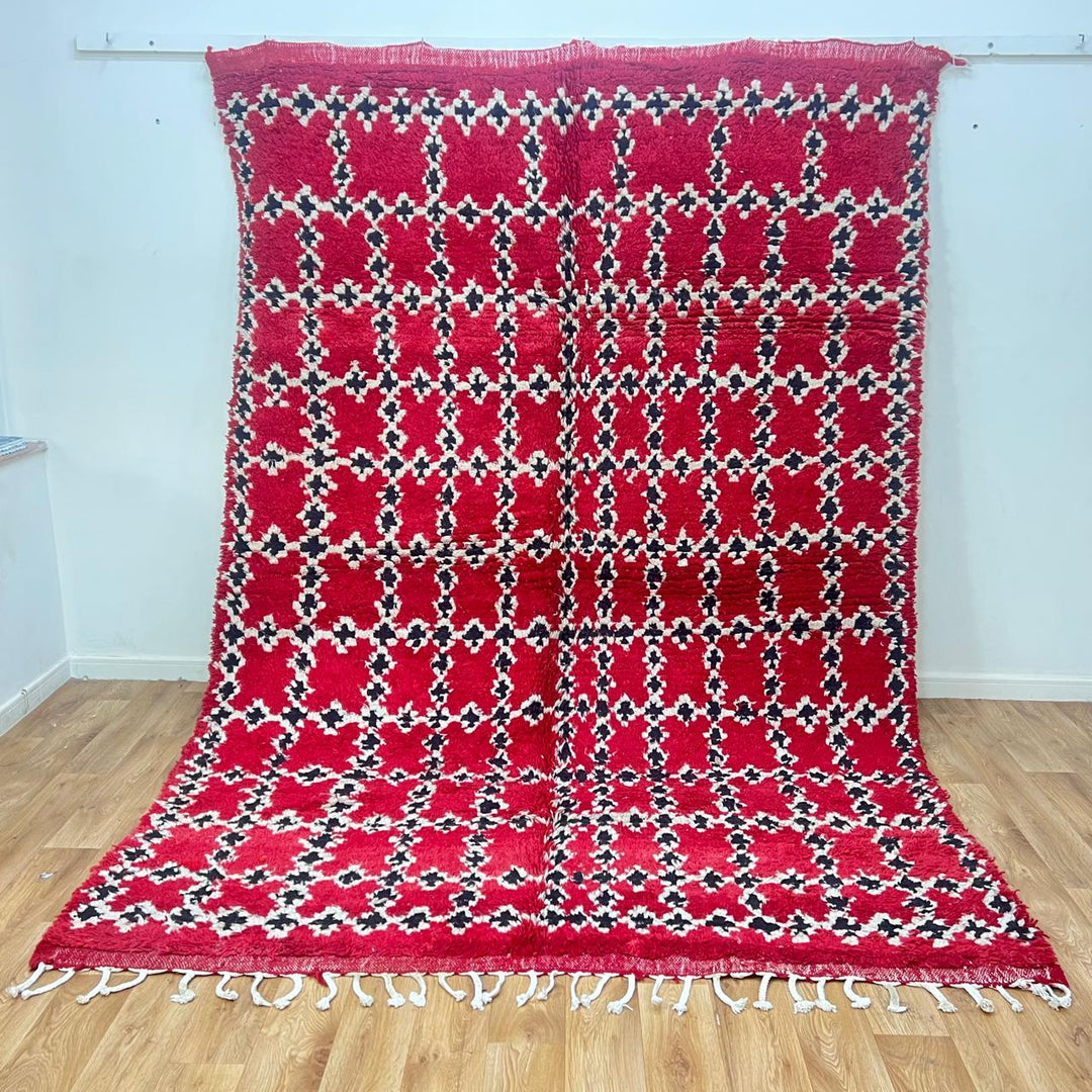 Vintage Moroccan wool rug 841 – handmade Berber carpet in red, black, and cream geometric pattern. 302 × 212 cm (9.9 × 6.95 ft).