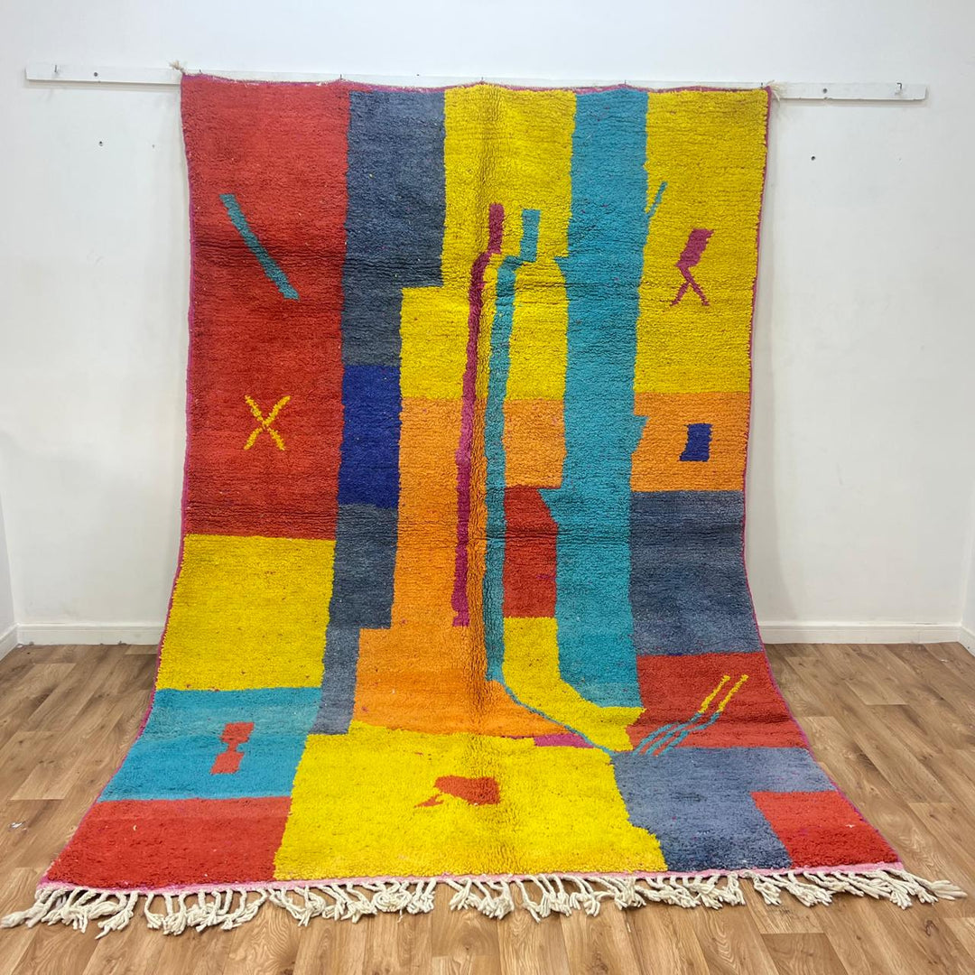 Vintage Moroccan wool rug 919 – handmade Berber carpet with multicolor abstract geometric design. 300 × 196 cm (9.84 × 6.43 ft).