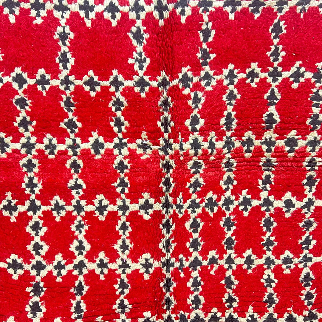Vintage Moroccan wool rug 841 – handmade Berber carpet in red, black, and cream geometric pattern. 302 × 212 cm (9.9 × 6.95 ft).