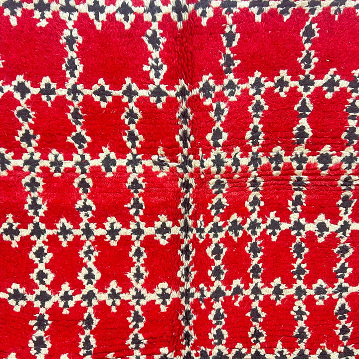 Vintage Moroccan wool rug 841 – handmade Berber carpet in red, black, and cream geometric pattern. 302 × 212 cm (9.9 × 6.95 ft).