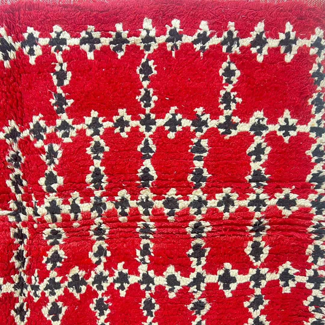Vintage Moroccan wool rug 841 – handmade Berber carpet in red, black, and cream geometric pattern. 302 × 212 cm (9.9 × 6.95 ft).