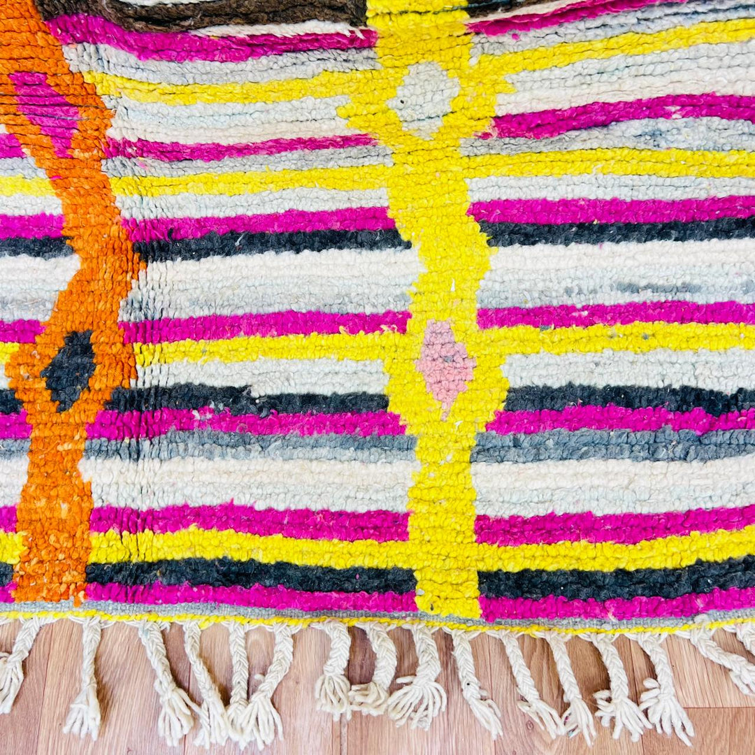 Vintage Moroccan striped wool rug with colorful geometric stripes, handmade Berber carpet 243x157 cm