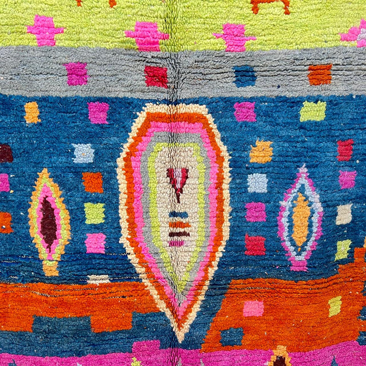 Vintage Moroccan wool rug 138 – handmade colorful geometric Berber design with pink, blue, and orange tones (234 × 162 cm).