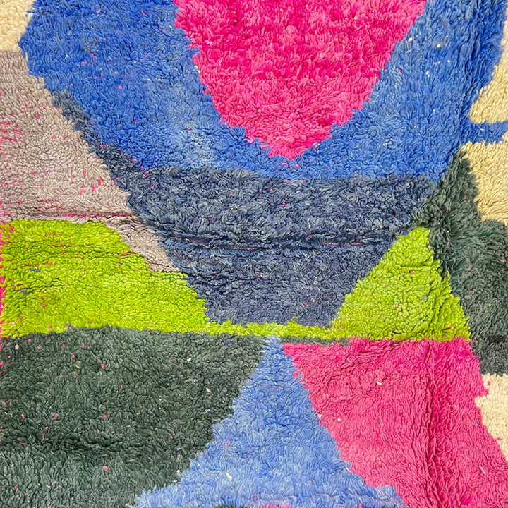 Vintage Moroccan wool rug 853 – colorful abstract handmade Berber carpet in pink, blue, green, and beige (287 × 209 cm / 9.41 × 6.86 ft).
