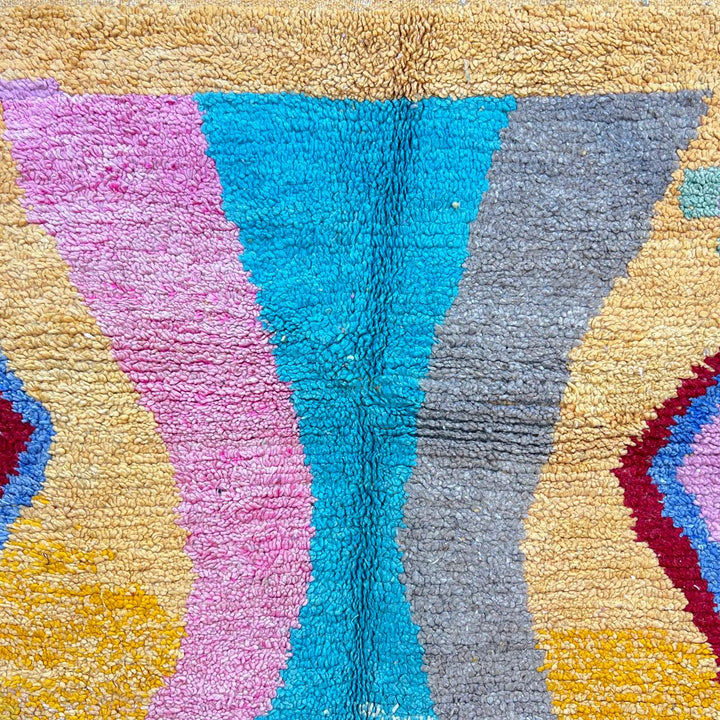 Vintage Moroccan wool rug 763 – handmade colorful Berber carpet with yellow, turquoise, pink, and red geometric diamond patterns (283 × 162 cm / 9.28 × 5.31 ft).