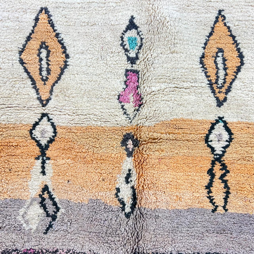 Vintage Moroccan wool rug 66 – handmade Berber carpet with pink, black, and aqua geometric patterns, 260 × 161 cm (8.53 × 5.28 ft).