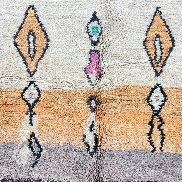 Vintage Moroccan wool rug 66 – handmade Berber carpet with pink, black, and aqua geometric patterns, 260 × 161 cm (8.53 × 5.28 ft).