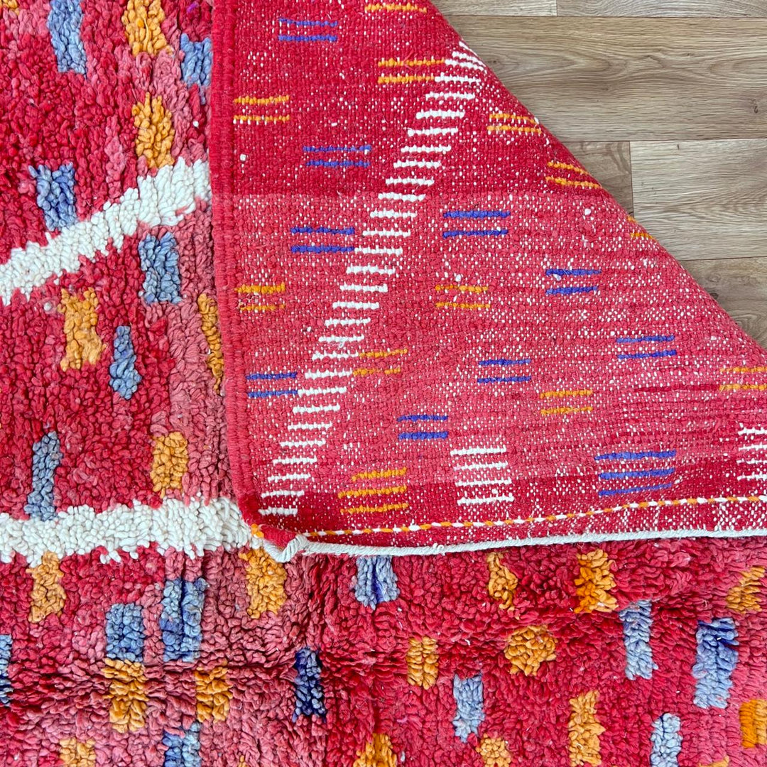 Vintage Moroccan wool rug 832 – handmade red and orange abstract Berber carpet with geometric details (292 × 190 cm / 9.57 × 6.23 ft).
