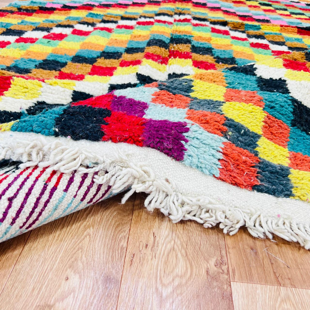 Vintage Moroccan checkered wool rug with colorful geometric squares, handmade Berber rug from Morocco, 280 x 157 cm