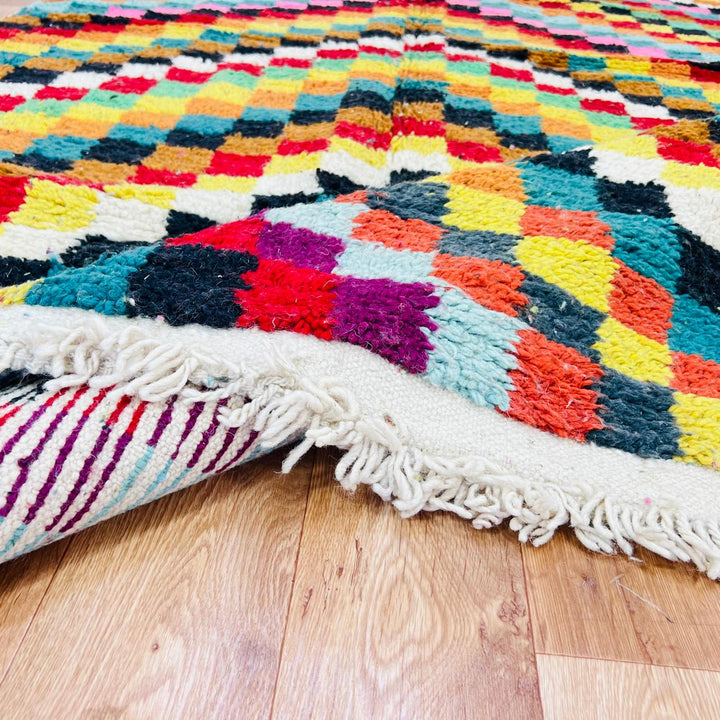 Vintage Moroccan checkered wool rug with colorful geometric squares, handmade Berber rug from Morocco, 280 x 157 cm