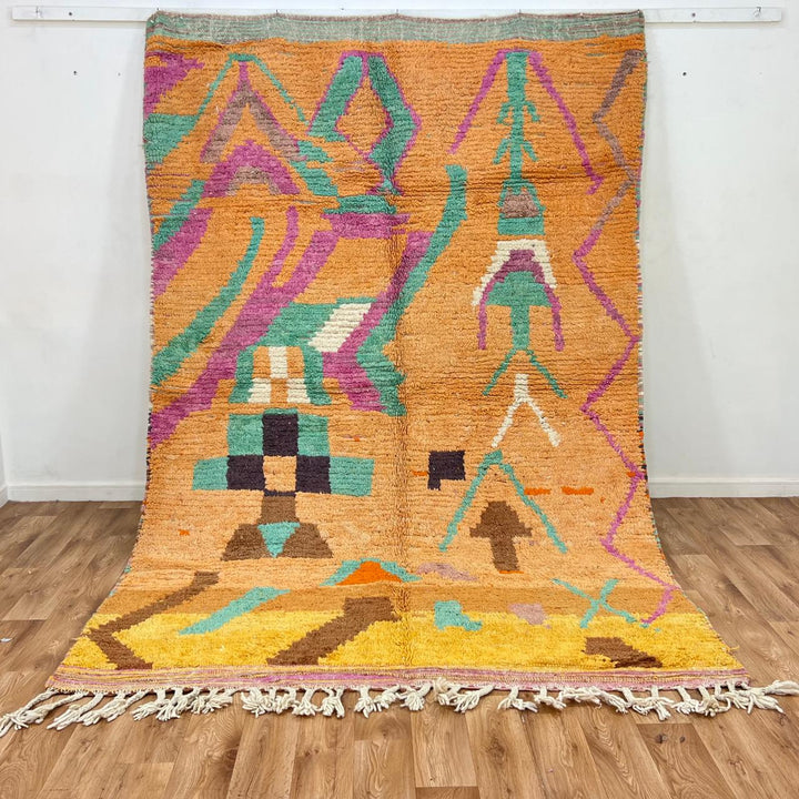 Vintage Moroccan wool rug 833 – handmade Berber carpet with orange, yellow, green, and purple tribal geometric patterns, 284 × 196 cm (9.31 × 6.43 ft).