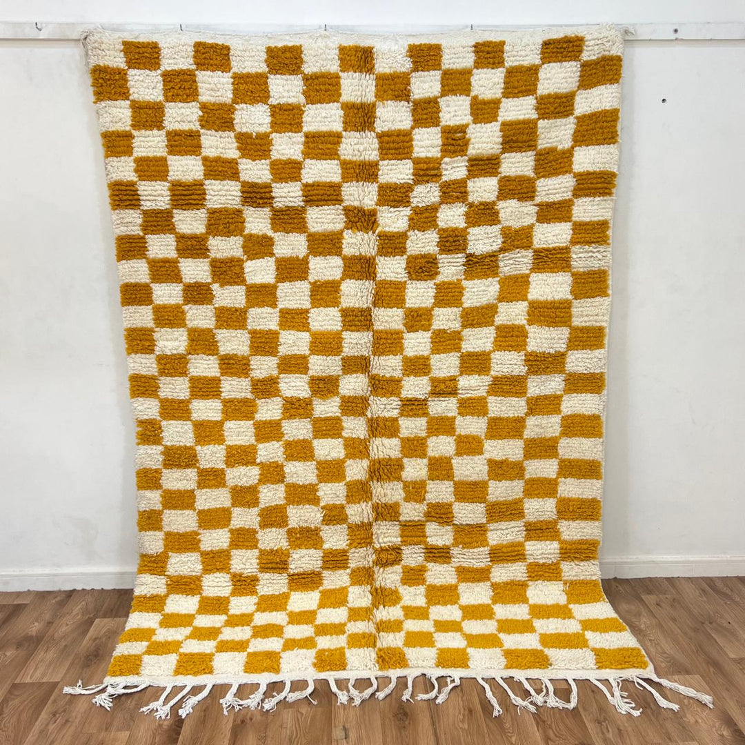Vintage Moroccan Wool Rug 133 – handmade mustard and cream checkerboard Moroccan wool rug (240 × 172 cm).