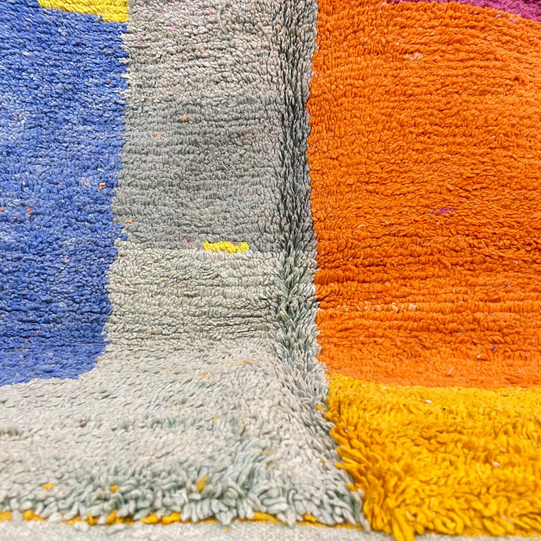 Vintage Moroccan wool rug 758 – handmade color block Berber carpet with yellow, turquoise, orange, and magenta tones (251 × 154 cm / 8.23 × 5.05 ft).