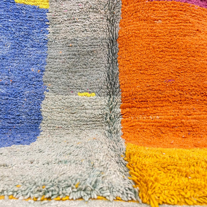 Vintage Moroccan wool rug 758 – handmade color block Berber carpet with yellow, turquoise, orange, and magenta tones (251 × 154 cm / 8.23 × 5.05 ft).