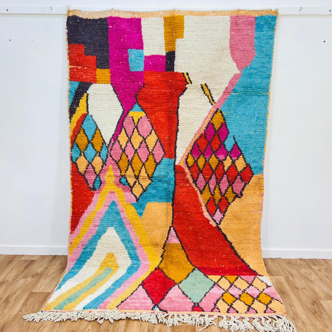 Vintage Moroccan wool rug with bold abstract geometric patterns in red, pink, yellow and blue, handwoven by Berber artisans – Rug 280