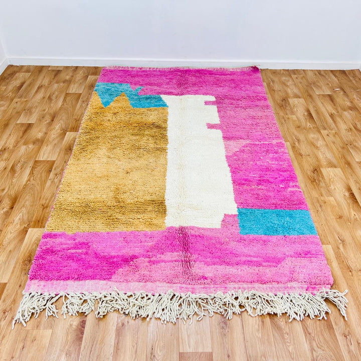 Vintage Moroccan rug handmade from wool with pink camel ivory color block design, 261x157 cm