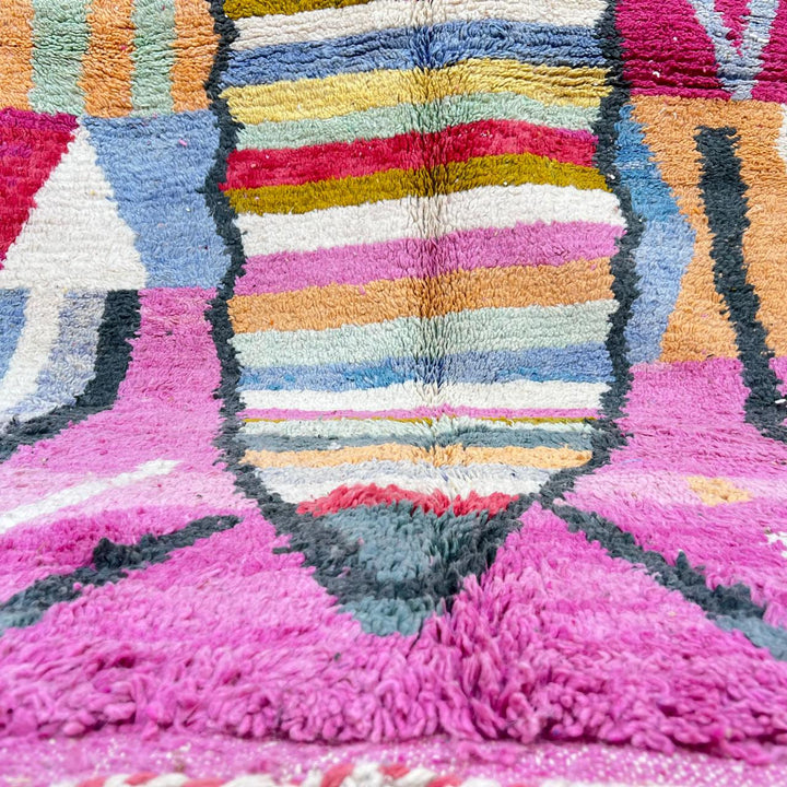 Vintage Moroccan wool rug 840 – handmade pink and yellow Berber carpet with geometric and abstract motifs (295 × 203 cm / 9.68 × 6.66 ft).