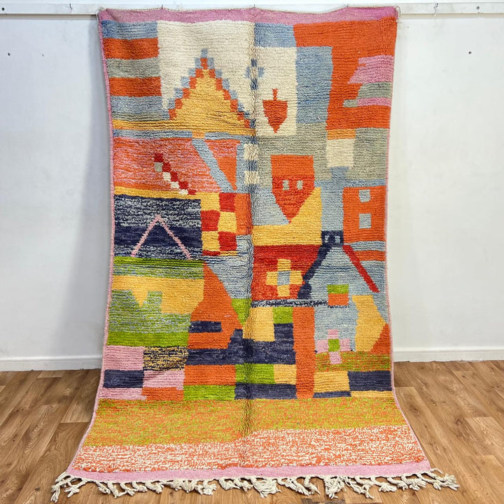 Vintage Moroccan wool rug 769 – handmade colorful abstract Berber carpet in orange, yellow and pink (262 × 156 cm / 8.59 × 5.11 ft).