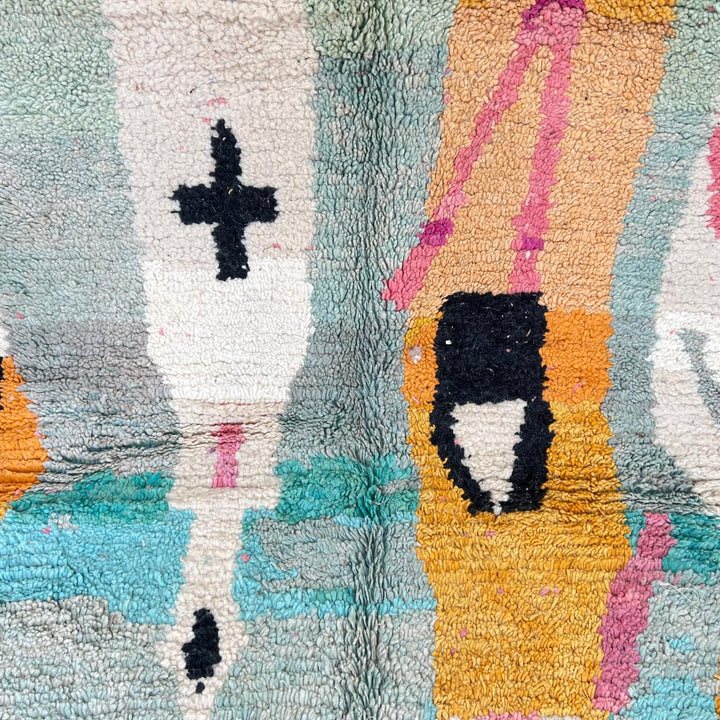 Vintage Moroccan wool rug 857 – handmade abstract Berber carpet in turquoise, black, pink, and mustard tones (290 × 205 cm / 9.51 × 6.72 ft).